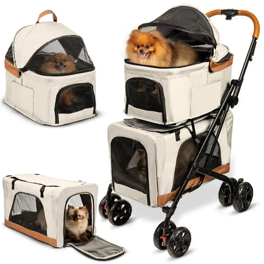 Double Pet Stroller with Detachable Carrier Ideal for 2 Dogs or Cats