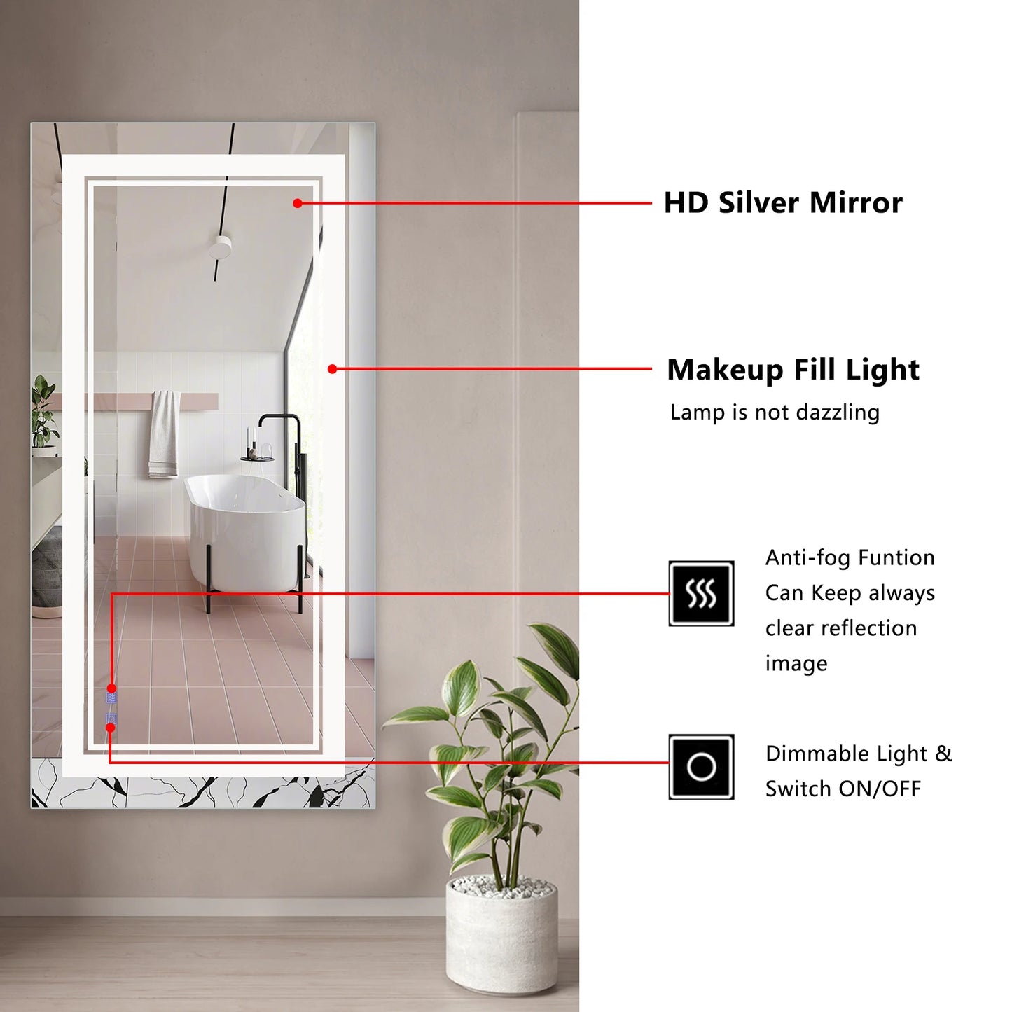 Smart LED , Dimmable And Anti-Fog, Bathroom Mirror Two-Key Mode