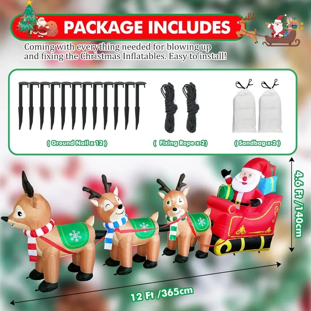 12 Ft  Inflatable Santa Claus on Sleigh and 3 Reindeer