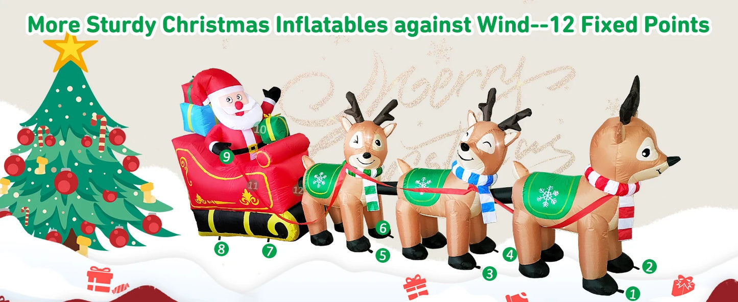 12 Ft  Inflatable Santa Claus on Sleigh and 3 Reindeer