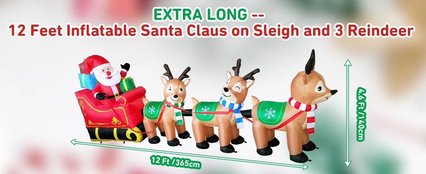 12 Ft  Inflatable Santa Claus on Sleigh and 3 Reindeer