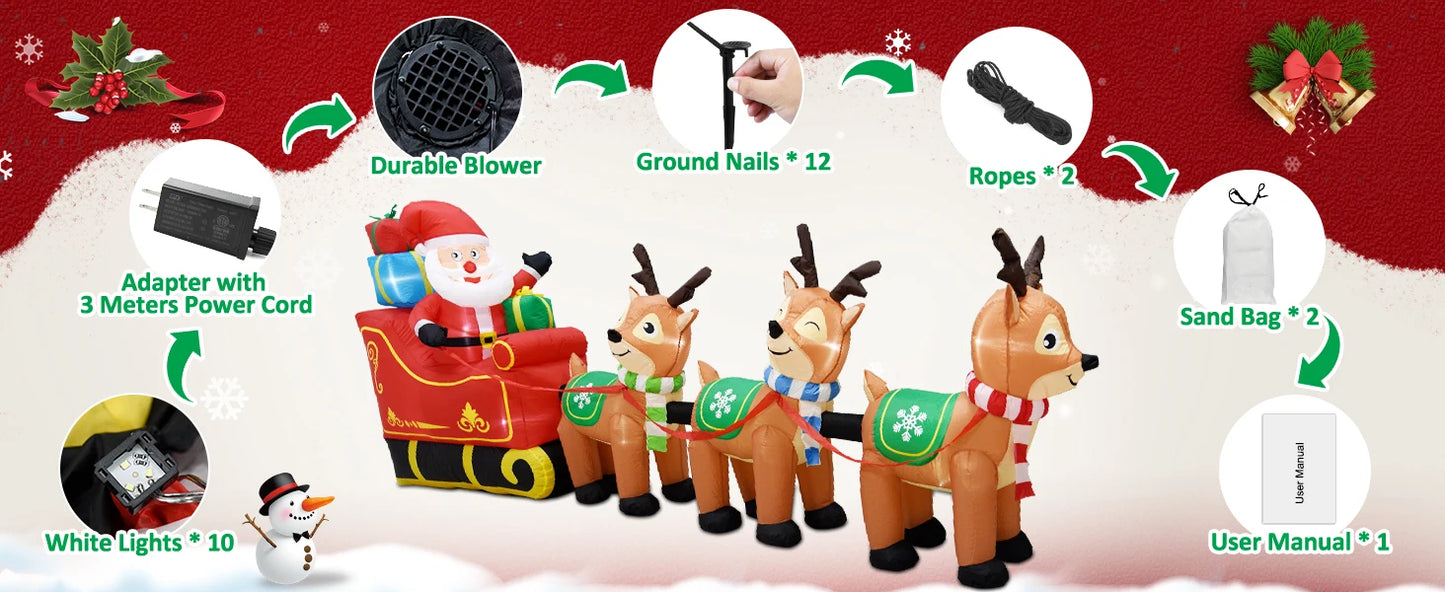 12 Ft  Inflatable Santa Claus on Sleigh and 3 Reindeer