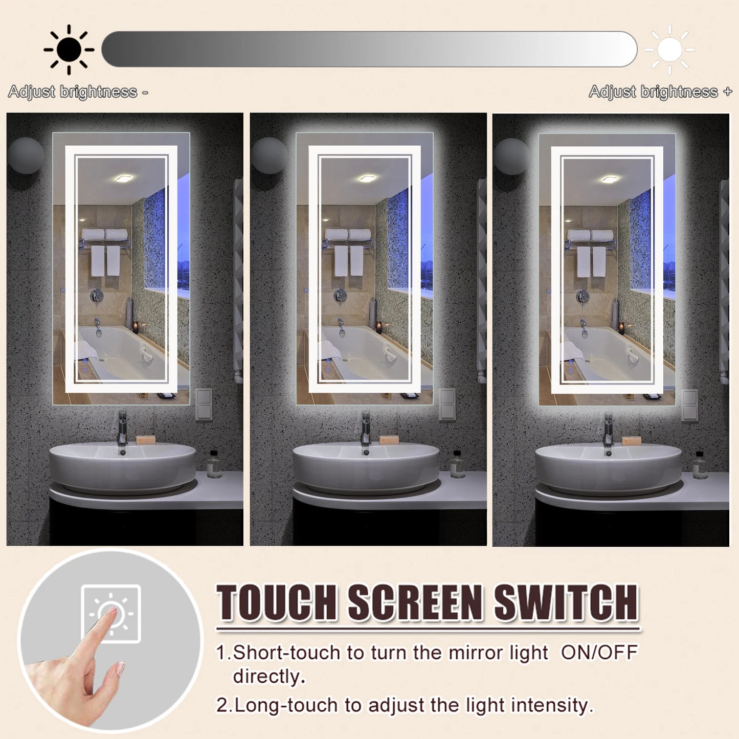 Smart LED , Dimmable And Anti-Fog, Bathroom Mirror Two-Key Mode