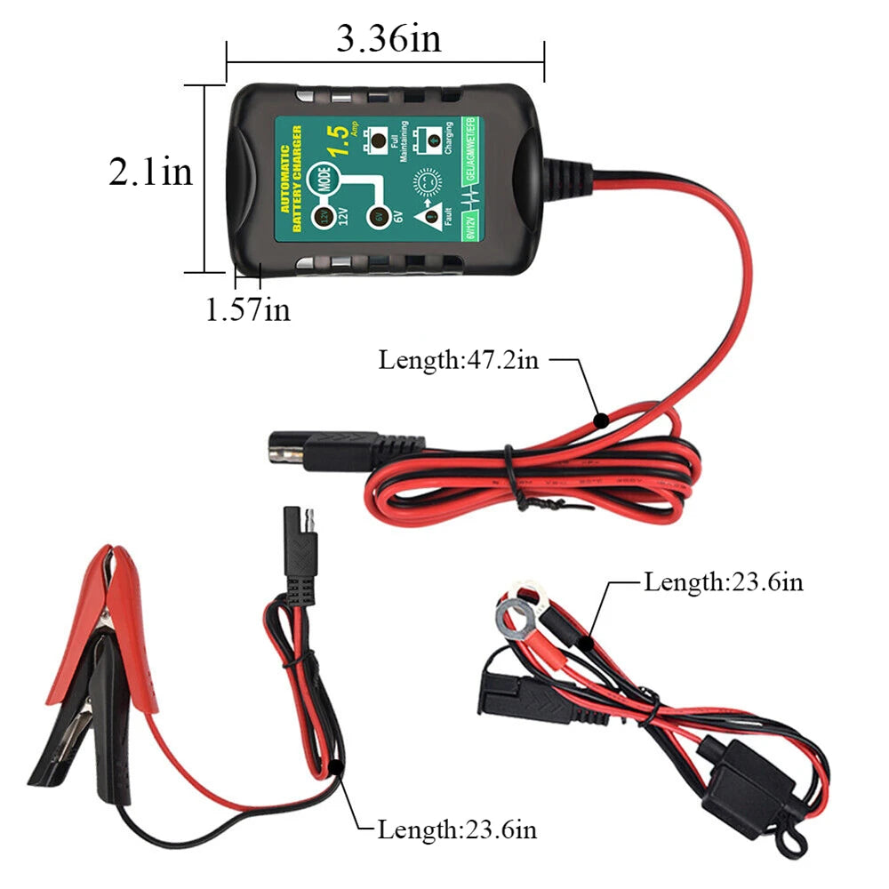 6V 12V 1.5Amp Trickle Battery Charger for  Motorcycles, Car, Auto, Boat, or Lawn Tractor