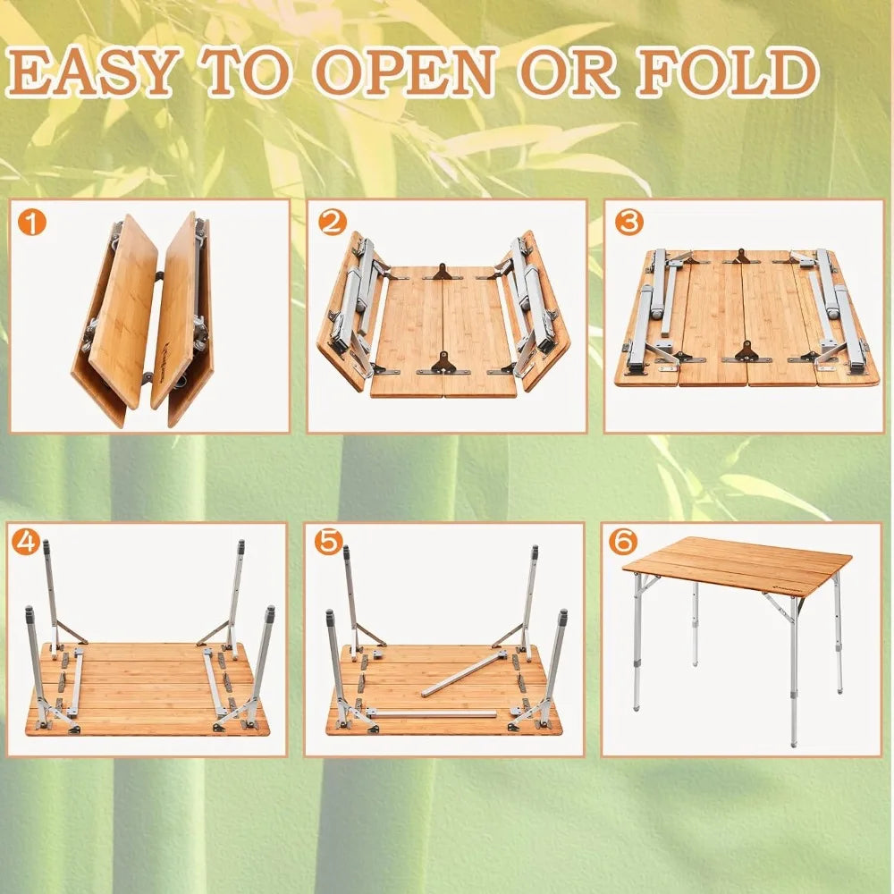 Bamboo Folding Table with Adjustable Height